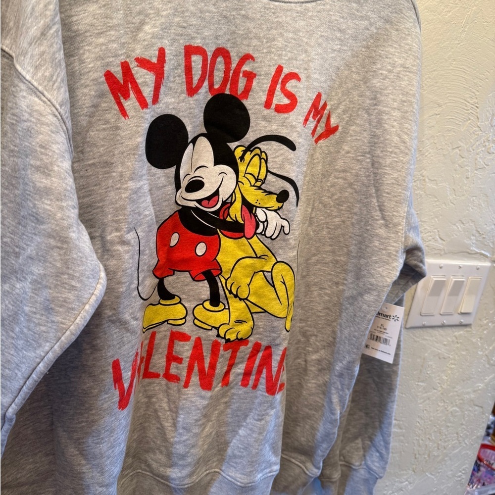 Disney Mickey Mouse snd Pluto Gray Crewneck Sweatshirt My Dog is my Valentine L - Picture 9 of 13